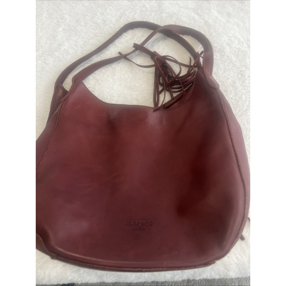 Margot New York Lauren Leather Hobo Burgundy Slouchy Shoulder Bag Purse w/Tassel